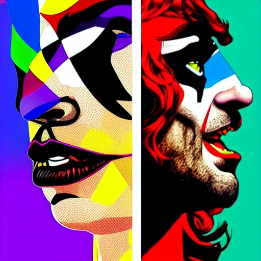 Image similar to richard hamilton and mimmo rottela as lady gaga harley queen and joaquin phoenix joker couple, pop art, 2 color, left align, object details, dynamic composition, 4 k, ultra realistic art, smooth, sharp focus, illustration, concept art, intricate details, h 7 6 8