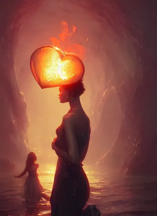 Prompt: lovers burn the heart like an open flame consume the sun light golden rain photorealistic movie still by michael komarck, greg rutkowski, victo ngai, artgerm, willem claesz heda and j. dickenson