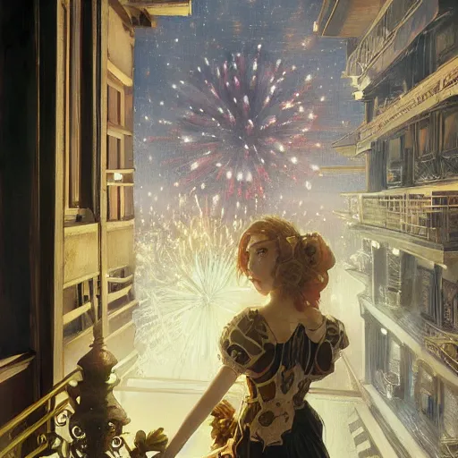 Image similar to a beautiful realistic painting of a firework festival on a balcony at night, intricate, elegant, highly detailed, digital painting, artstation, nier automata concept artsyle, by krenzcushart, artem demura, makoto shinkai, alphonse mucha