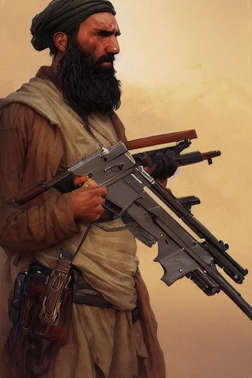 Image similar to male cottagecore taliban leader holding a kalashnikov rifle. intricate, elegant. highly detailed, digital painting, artstation, concept art, smooth, sharp, focus, illustration.. art by artgerm and greg rutkowski and alphonse mucha