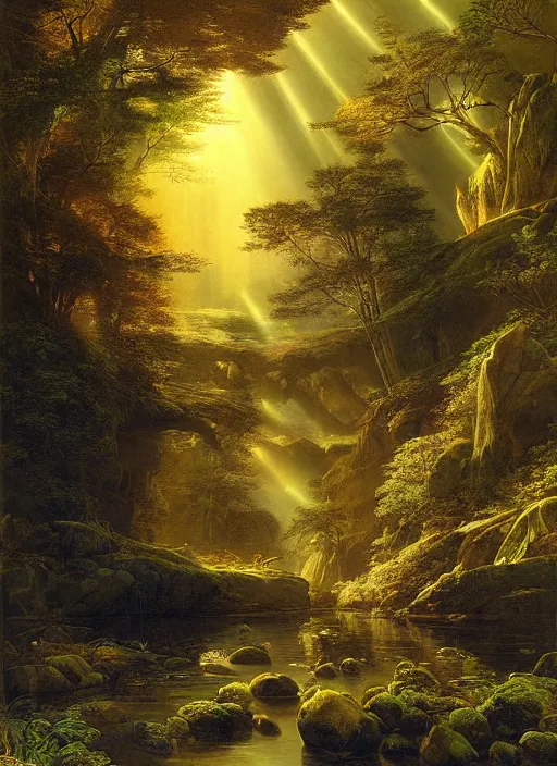 Prompt: a forest oasis, rock pools, harmony of nature, infinite dawn, angelic light, sparkling dew, epic atmosphere, by asher brown durand, by yoshitaka amano