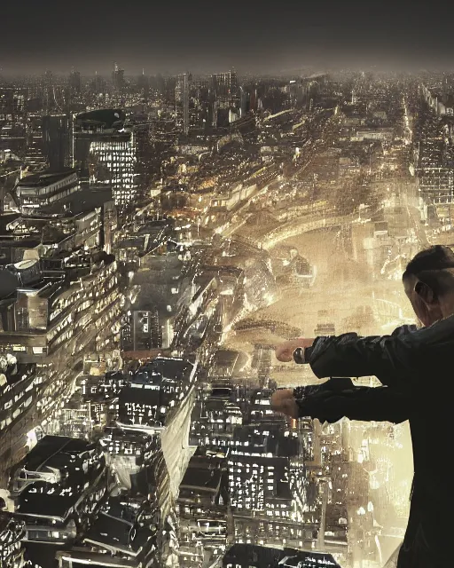 Image similar to a night rooftop scene, light from traffic in the city below, close up shot of a gangster wearing a streetwear trench coat looking at the city below, unreal engine, hyper realism, realistic shading, cinematic composition, realistic render, octane render, detailed textures, photorealistic