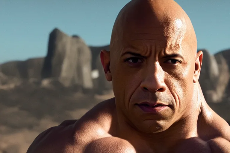 Image similar to vin diesel as dwayne johnson, low isometric perspective, cinematic still, movie still, long lens, shallow depth of field, bokeh, anamorphic lens flare, 8 k