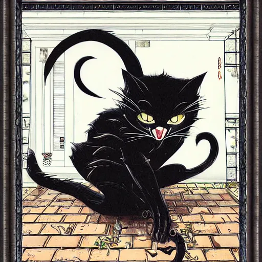 Image similar to vampire cat, inside a frame on a tiled wall, frontal picture, by yoichi hatakenaka, masamune shirow, josan gonzales and dan mumford, ayami kojima, takato yamamoto, karol bak