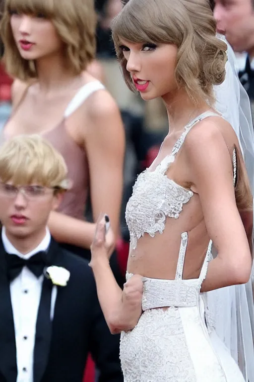 Image similar to waist - up - shot!!!!!!!!!!!! of taylor swift in a beautiful wedding dress, focus on face and facial details. ( ( ( ( ( ( head - shot ) ) ) ) ) )