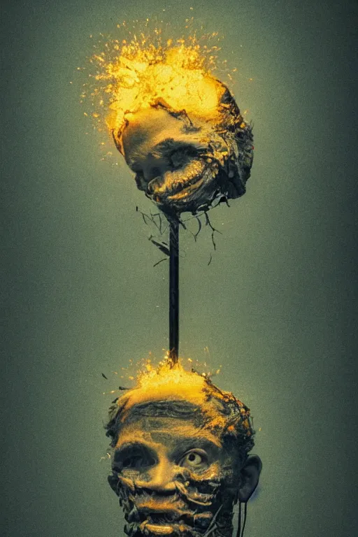 Prompt: a dark high quality studio portrait of an exploding human head made from antique newspaper, intricate, morbid, dark cinematic lighting, surreal photography, simon stalenhag