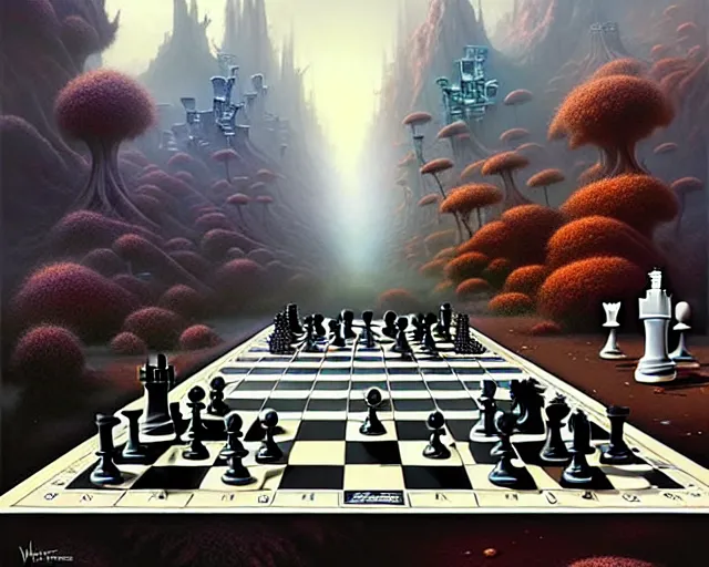 Image similar to street view a chess board filled with chess pieces, fantasy landscape made of fractals facing each other, ultra realistic, wide angle, intricate details, the fifth element artifacts, highly detailed by peter mohrbacher, hajime sorayama, wayne barlowe, boris vallejo, aaron horkey, gaston bussiere, craig mullins