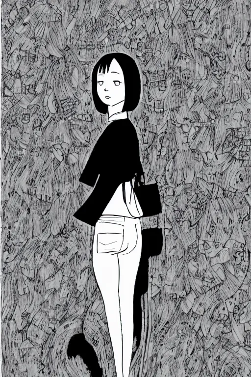 Image similar to portrait of a girl in long pants and a top, hands in pockets, eyes closed, bob haircut, digital art, black and white, lineart by junji ito and kaoru mori