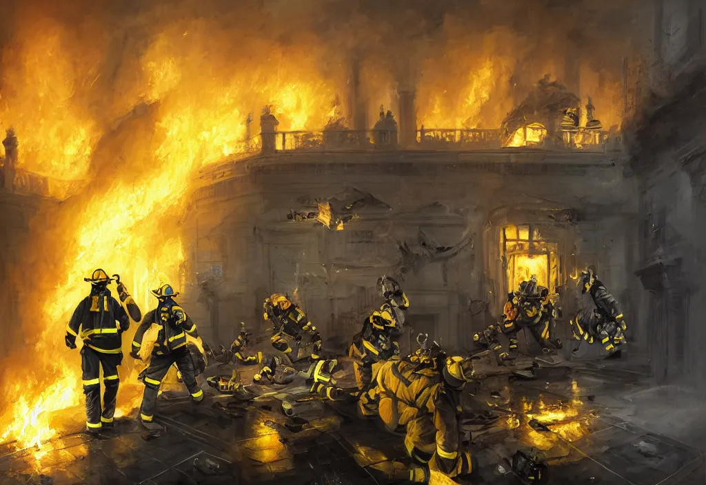 Prompt: one heroic firefighters with black and yellow uniforms in action inside white house, interior background, fire flames, sharp details, sharp focus, photorealistic, octane, hyper detailed, trending on deviantart, illustration, by jordan grimmer and greg rutkowski and pine ( ハイネ ), intricate
