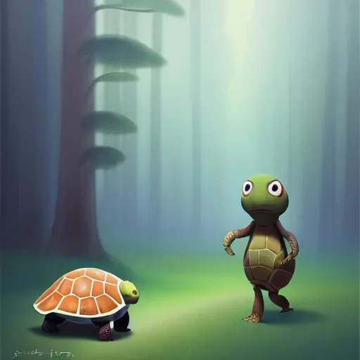 Image similar to Goro Fujita ilustration a cute turtle happily walking through the forest, painting by Goro Fujita, sharp focus, highly detailed, ArtStation