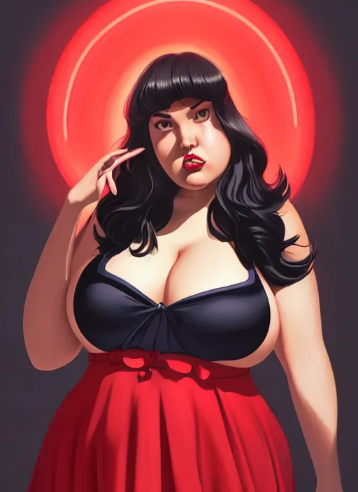 Image similar to full body portrait of teenage veronica lodge, obese, bangs, sultry, realistic, sultry smirk, wavy hair, red skirt, fat, belly, intricate, elegant, glowing lights, highly detailed, digital painting, artstation, concept art, smooth, sharp focus, illustration, art by wlop, mars ravelo and greg rutkowski