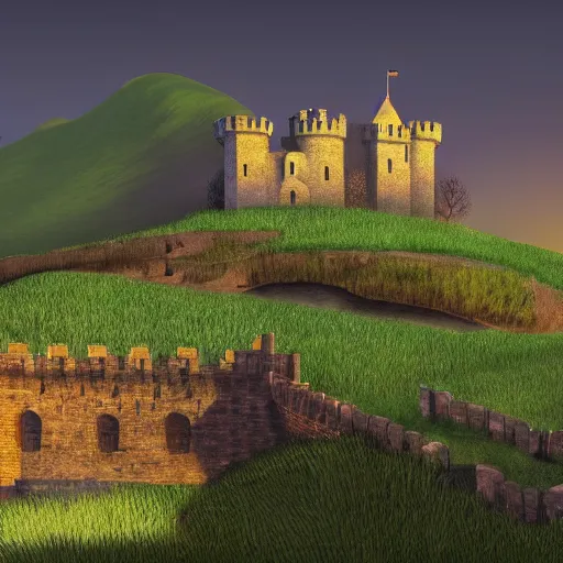 Prompt: a beautiful landscape with a couple of castles in a couple of farms next to the castle interact with the lighting super duper hyper - realistic