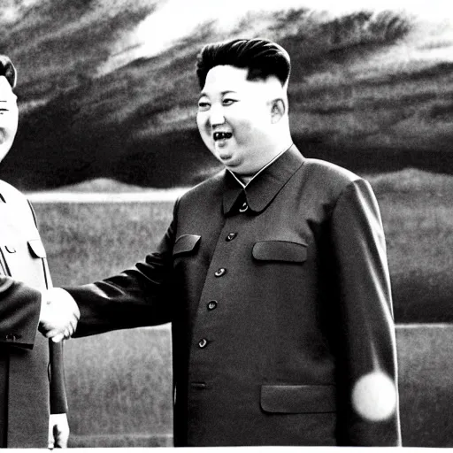 Prompt: photograph of kim jong - un, and joseph stalin, shaking hands with each other in pyongyang, 8 k, very detailed, very intricate, colored,