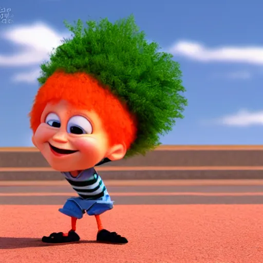 Image similar to carrot top with carrot head!!!!, pixar character, stage background, pixar, 3 d,