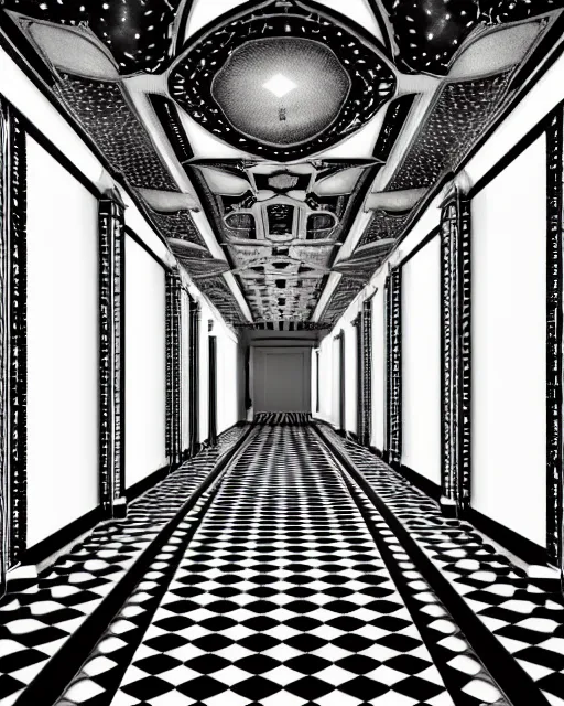 Image similar to art deco hallway, black and white dots, ultra detail, photoreal, professionally retouched, black and white colors, wide angle, 8 k high definition, insanely detailed, intricate, elegant, art by artgerm and wlop