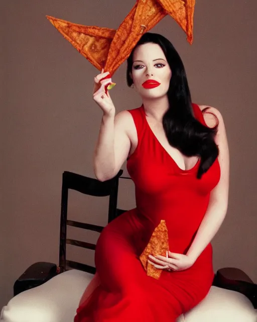 Image similar to Jessica Rabbit wearing red dress eating a bag of Doritos, sitting on a chair, photograph