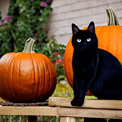 Prompt: a singular black cat resting on top of a pumpkin, simple, cute