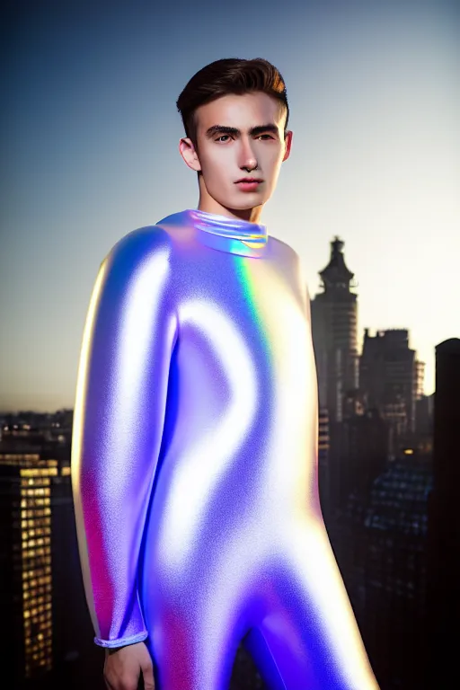 Image similar to un ultra high definition studio quality photographic art portrait of a young man standing on the rooftop of a british apartment building wearing soft baggy inflatable padded silver iridescent pearlescent clothing. three point light. extremely detailed. golden ratio, ray tracing, volumetric light, shallow depth of field. set dressed.