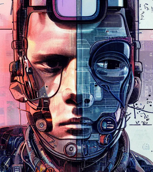 Image similar to a cyberpunk man with multiple digital patchwork faces, techwear, Industrial Scifi, detailed illustration, character portrait, by Martin Grip and Moebius