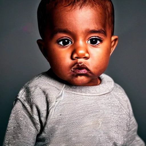 Image similar to the face of kanye west at 2 years old, portrait by julia cameron, chiaroscuro lighting, shallow depth of field, 8 0 mm, f 1. 8