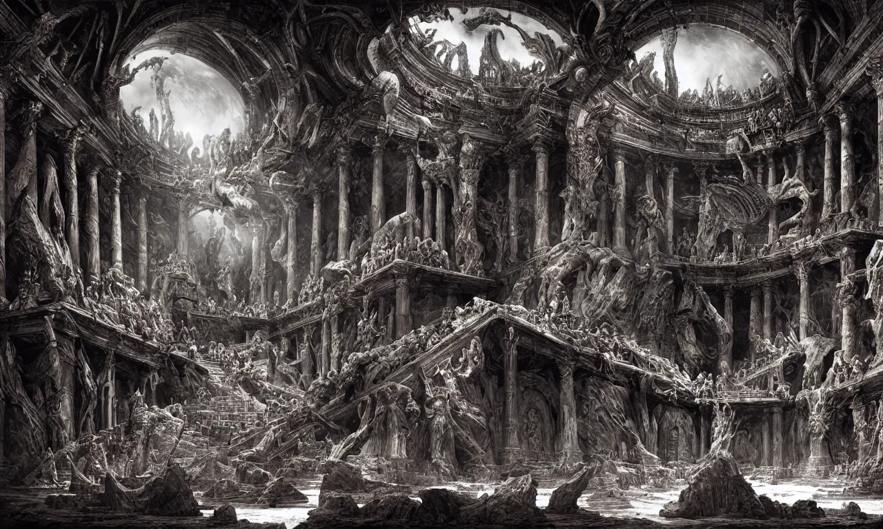 Prompt: A Spectacular IMAX View of the Infernal Court of the Kings of Hell, art by Gustav Dorê and Marc Simonetti and Giovanni Battista Piranesi