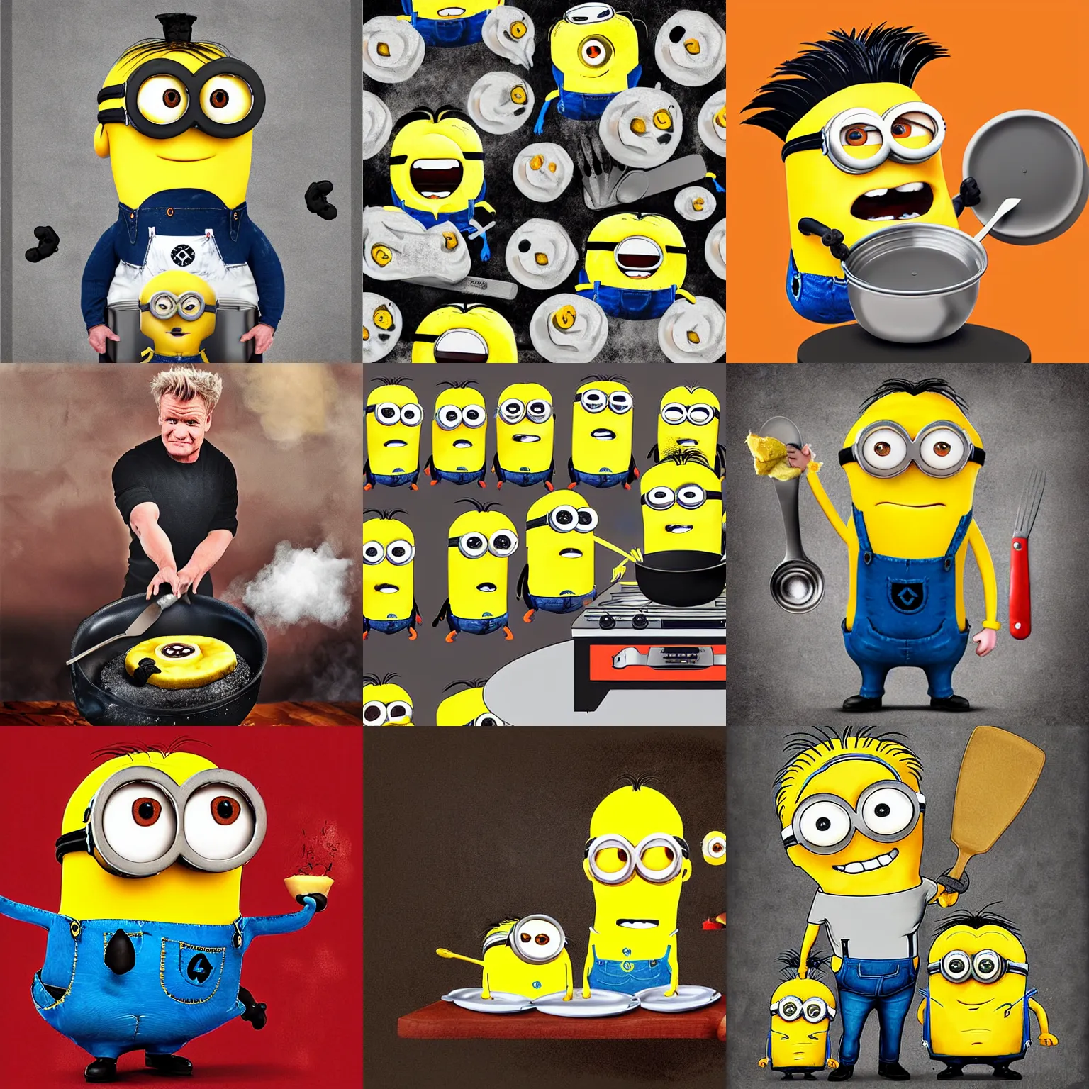 Prompt: gordon ramsey cooking minions on a pan, digital art, trending on arstation