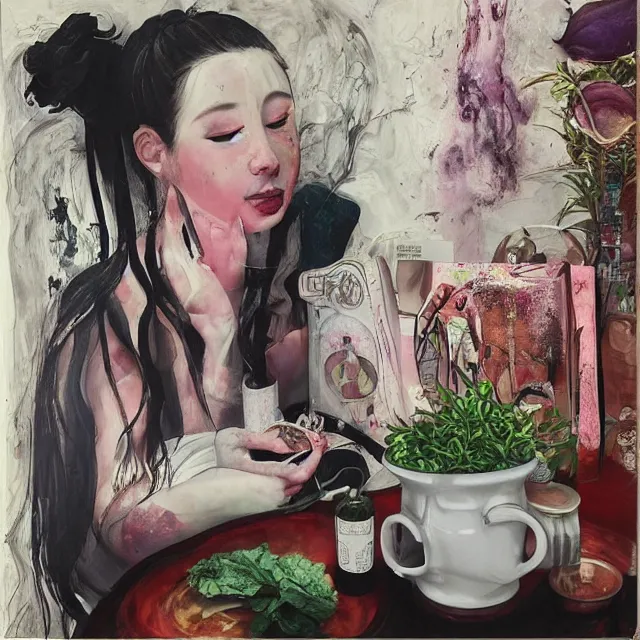 Prompt: “ a portrait in a female art student ’ s apartment, sensual, a pig theme, pork cuts, art supplies, surgical iv bag, octopus, ikebana, herbs, a candle dripping white wax, japanese pottery, squashed berries, berry juice drips, acrylic and spray paint and oilstick on canvas, surrealism, neoexpressionism ”