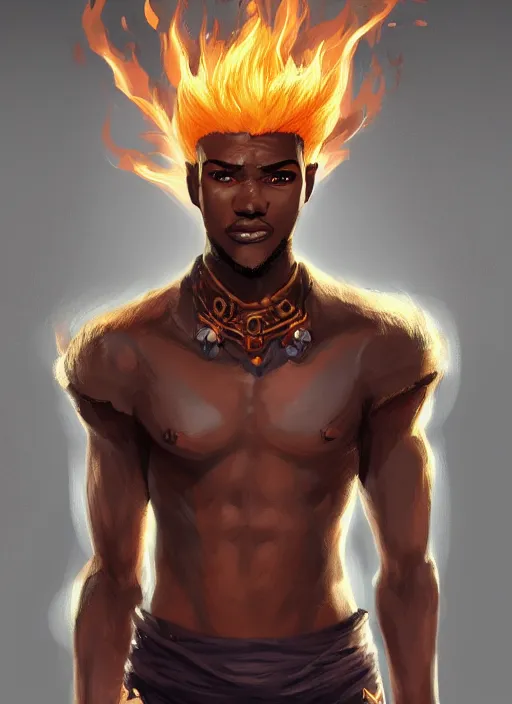 Image similar to a highly detailed illustration of attractive young african guy with flat top flaming hair, dramatic standing pose, intricate, elegant, highly detailed, centered, digital painting, artstation, concept art, smooth, sharp focus, league of legends concept art, wlop