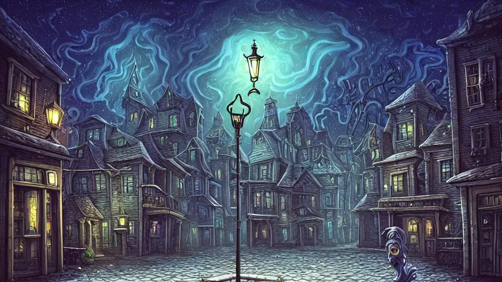 Image similar to a pickle walks in empty lovecraftian town square surrounded by houses and inns.. cthulhu statue.. lovecraftian city at night by cyril rolando and naomi okubo and dan mumford and ricardo bofill.. lovecraft.. cobbled streets.. oil lamp posts.. lovecraftian.. starry night swirly sky.