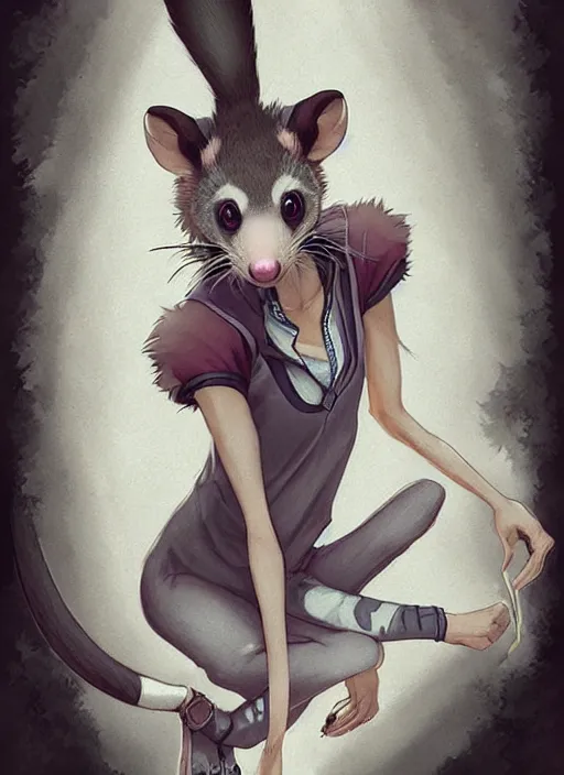 Image similar to character portrait of a female anthro possum fursona with a tail and a cute beautiful attractive detailed furry face wearing a tanktop and slacks with arm tattoos. Character design by charlie bowater, ross tran, artgerm, and makoto shinkai, detailed, inked, western comic book art