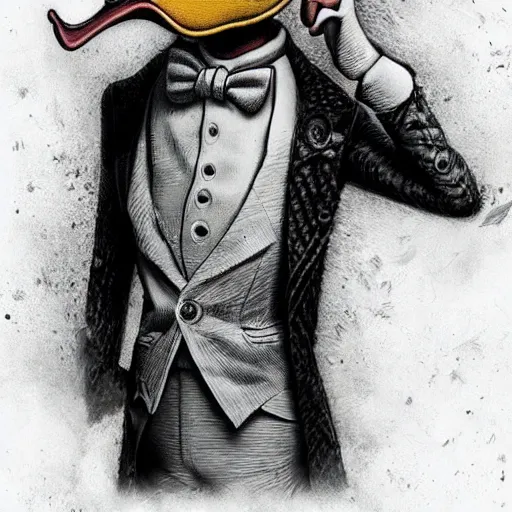 Image similar to michael karcz grunge drawing of donald duck. , in the style of corpse bride, loony toons style, horror themed, detailed, elegant, intricate, trending on artstation, 4k