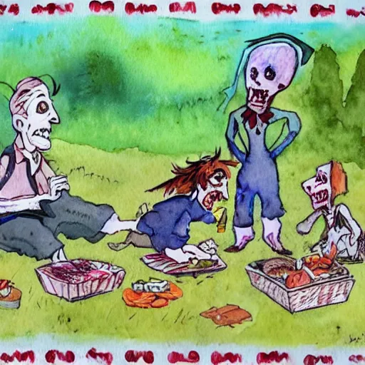 Prompt: watercolor painting of zombie picnic in the style of A. A. Milne