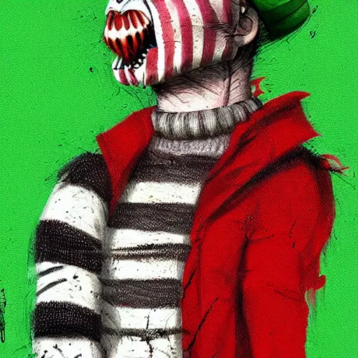 Image similar to Freddie Kruger wearing a green and red striped sweater, horror, grunge, loony toons style, illustrated by Greg Rutkowski ., Trending on artstation, artstationHD, artstationHQ, 4k, 8k