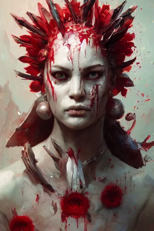 Image similar to abstract face closeup of beautiful girl predator covered with blood, white horns, 3 d render, hyper realistic detailed portrait, holding magic flowers, ruan jia, wlop. scifi, fantasy, hyper detailed, octane render, concept art, by peter mohrbacher, by wlop, by ruan jia