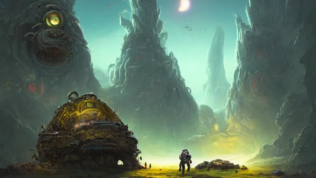 Prompt: An astronaut has a treasure with him, he is running away from the giant Cthulhu that is behind hunting him, this is an extravagant planet with wacky wildlife and some mythical animals, the background is full of ancient ruins, the ambient is vivid and colorful with a terrifying atmosphere, by Jordan Grimmer digital art, trending on Artstation,