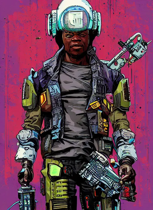 Prompt: chidi igwe. futuristic cyberpunk mercenary in sleek combat gear. portrait illustration, pop art, splash painting, art by geof darrow, ashley wood, alphonse mucha, makoto shinkai