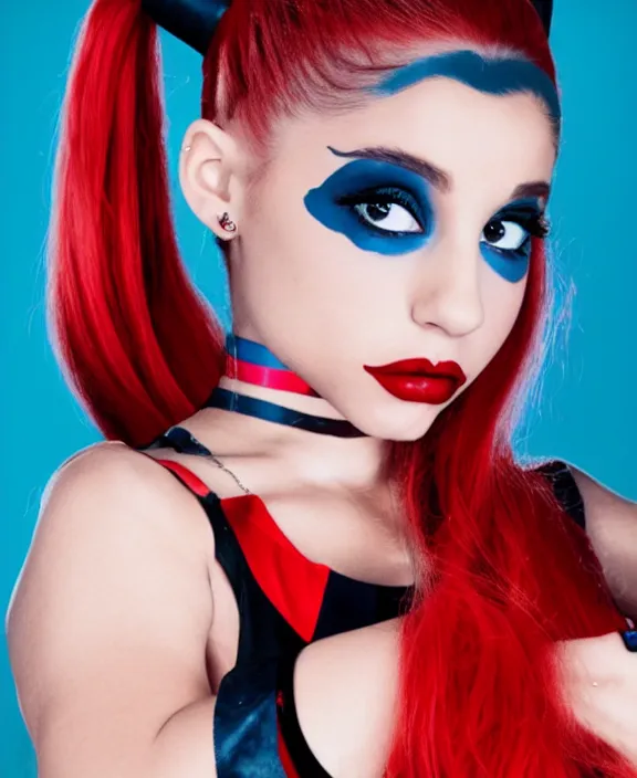 Image similar to ariana grande modeling as harley quinn, professional photograph