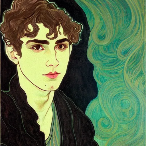 Image similar to painting of young cute handsome beautiful dark medium wavy hair man in his 2 0 s named shadow taehyung at the halloween matcha party, somber, depressed, melancholy, sad, elegant, clear, painting, stylized, delicate, soft facial features, delicate facial features, soft art, art by alphonse mucha, vincent van gogh, egon schiele