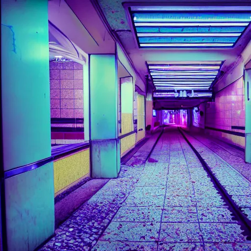 Image similar to futuristic, pastel colors, hd 8 k, abandoned, overgrown, lo - fi, vaporwave, subway station, trippy, fantasty