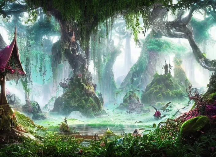 Image similar to magical enchanted elves on a humongous paradise biome, fantasy, hyper realism, wet reflections, intricate, digital art, detailed, studio shot, unreal engine 5, octane, high definition, smooth, artstation, behance