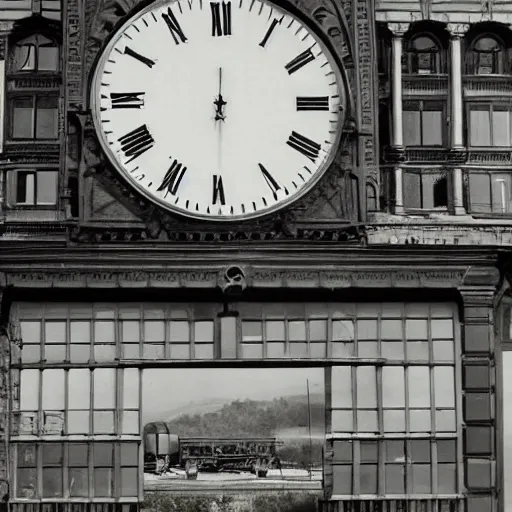 Prompt: gigant clock in front of a train