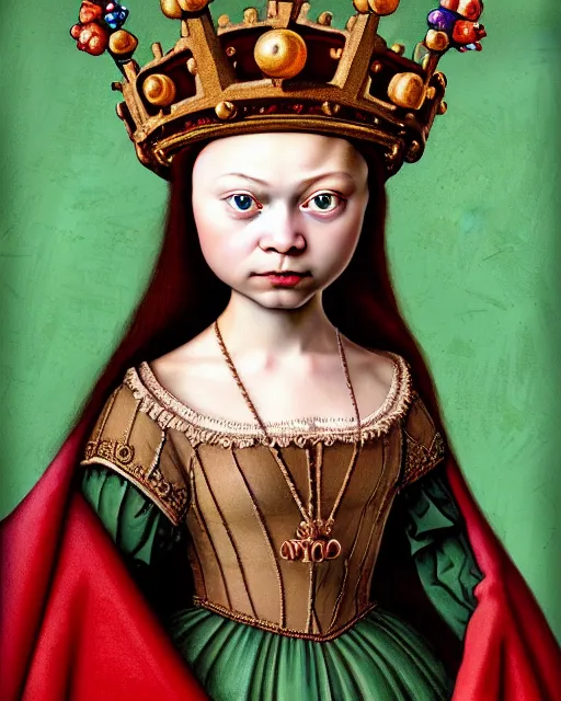 Image similar to closeup profile medieval jan van eyck face portrait of tin toy greta thunberg as a fairytale princess wearing a crown eating cakes in the castle, bikini, nicoletta ceccoli, mark ryden, lostfish, max fleischer, hyper realistic, artstation, illustration, digital paint, matte paint, vivid colors, bright, cheerful, detailed and intricate environment