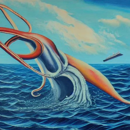 Image similar to A giant squid destroying a cruise ship in the middle of the ocean, oil painting