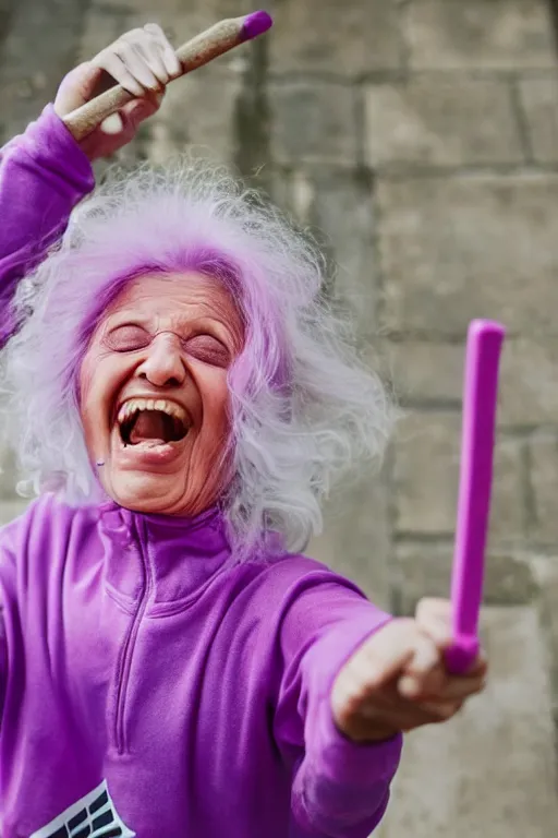 Image similar to old lady screaming and laughing, dyed hair, dressed in a pink and purple Adidas tracksuit, holding small hammers