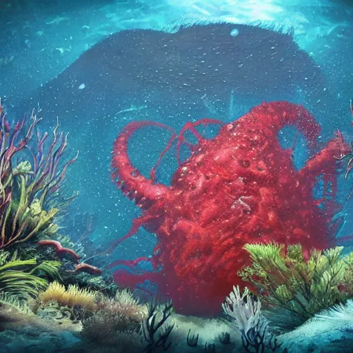 Image similar to underwater view of a strange alien world, some washed out red and green plant life, giant leviathan swimming far in the background, deep blue sea color, artstation