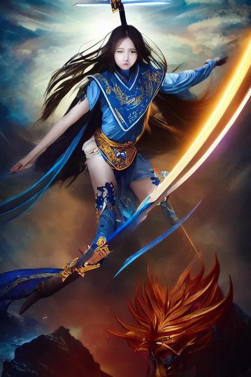 Prompt: beautiful cinematic fantasy poster, wuxia sword dance heroine, beautiful glowing galaxy eyes, hybrid from Dynasty Warriror and art direction by tian zi, WLOP, Darius Zawadzki cinematic quality character render; low angle; ultra high quality model; production quality cinema model;