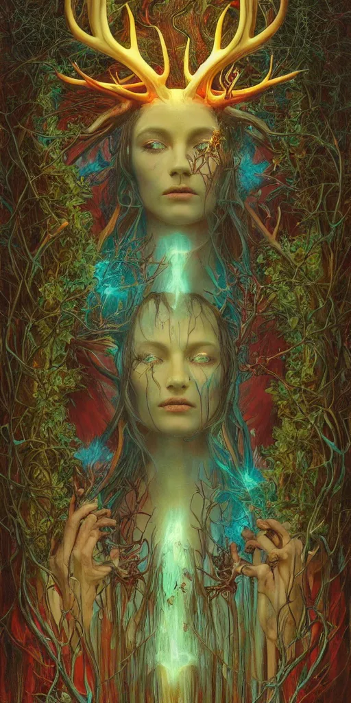 Image similar to intense glowing pagan god with antlers and veins and intense glowing eyes in very dark forest by karol bak and beksinski and alphonse mucha, portrait, fantasy, clear, light beams, lens flare, intense, uhd, red and teal and yellow, amazing depth, cinematic lighting