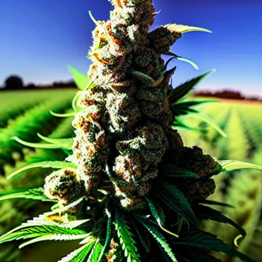 Image similar to beautiful giant marijuana bud covered in stunning large moist trichomes trichomes trichomes as a silo in a field