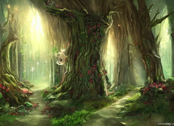 Image similar to A doorway to a magic forest, concept art, detailed