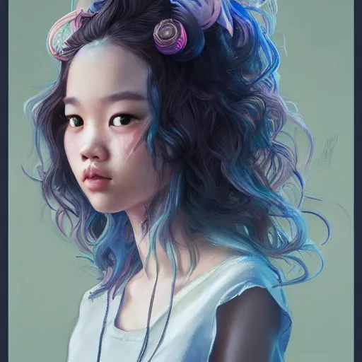 Prompt: portrait of a cute Thai girl with a messy curly hair, pastel hair, streetwear fashion, highly detailed, digital painting, artstation, concept art, sharp focus, illustration, art by artgerm and greg rutkowski and alphonse mucha